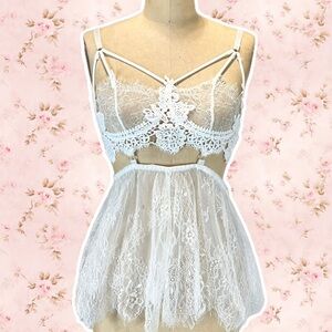 Strappy lace sheer chiffon negligee teddy nighty lingerie white honeymoon bridal